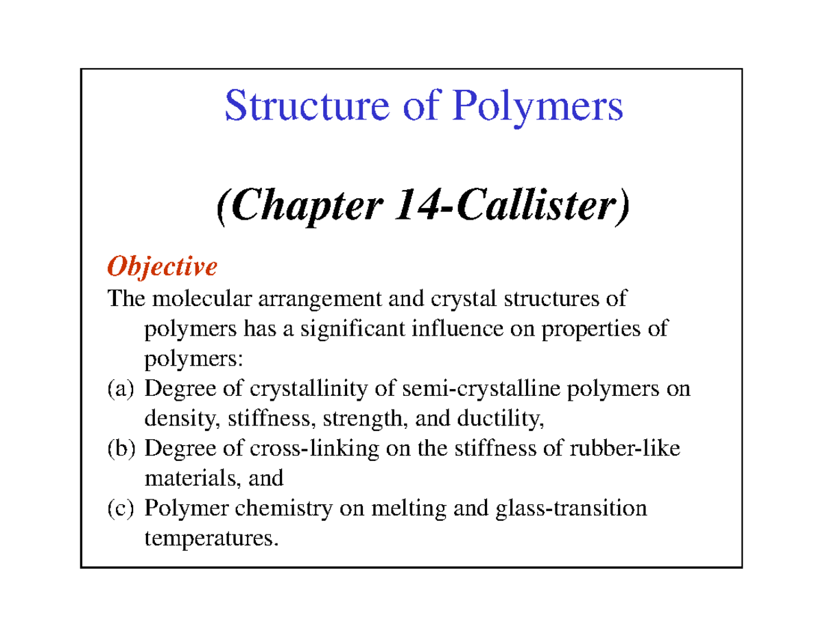 Class Note 7 - Structure and Properties of Polymers - Studocu