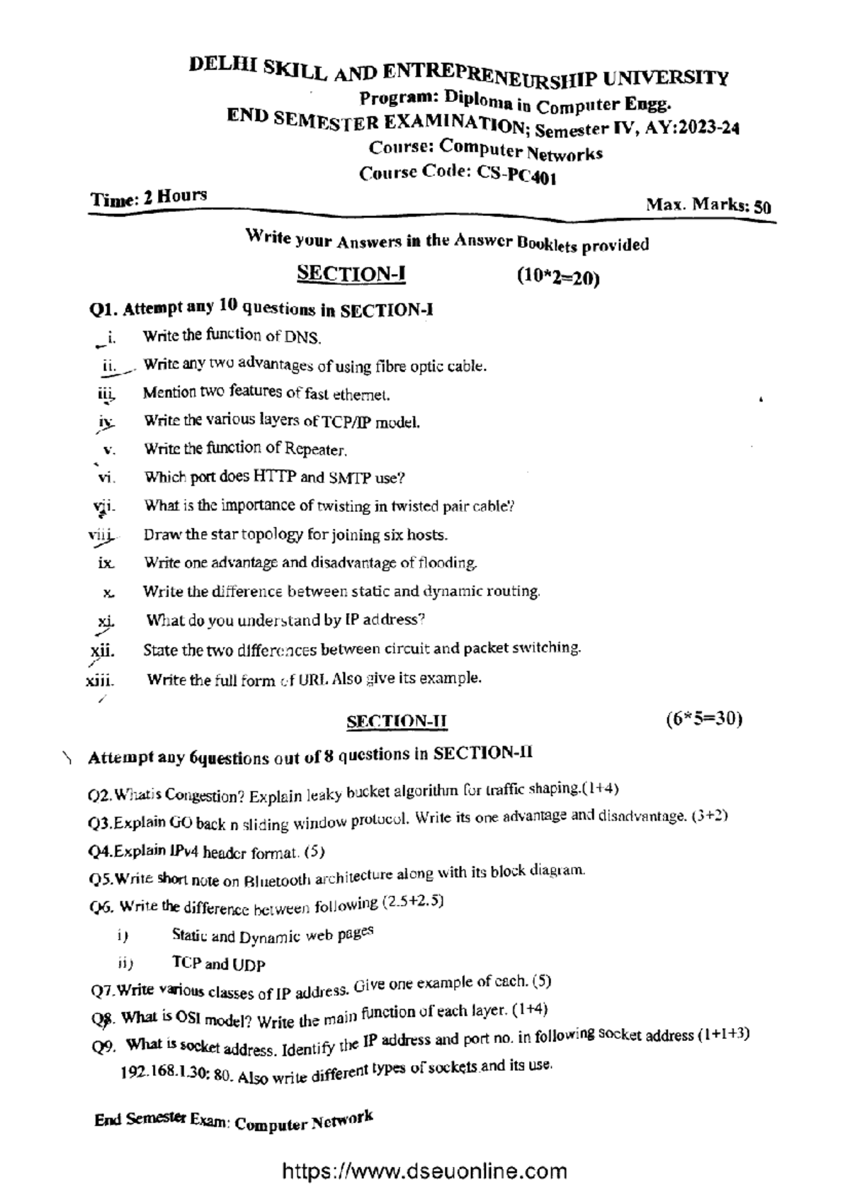 Diploma in Computer Engg. End Sem Exam: Computer Networks CS PC401 ...