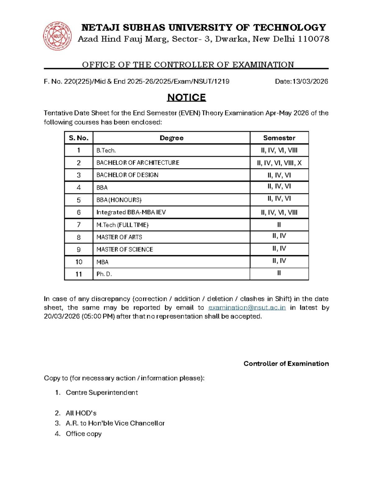 Tentative Date Sheet for End Semester Exams (EVEN) 2026 - Studocu