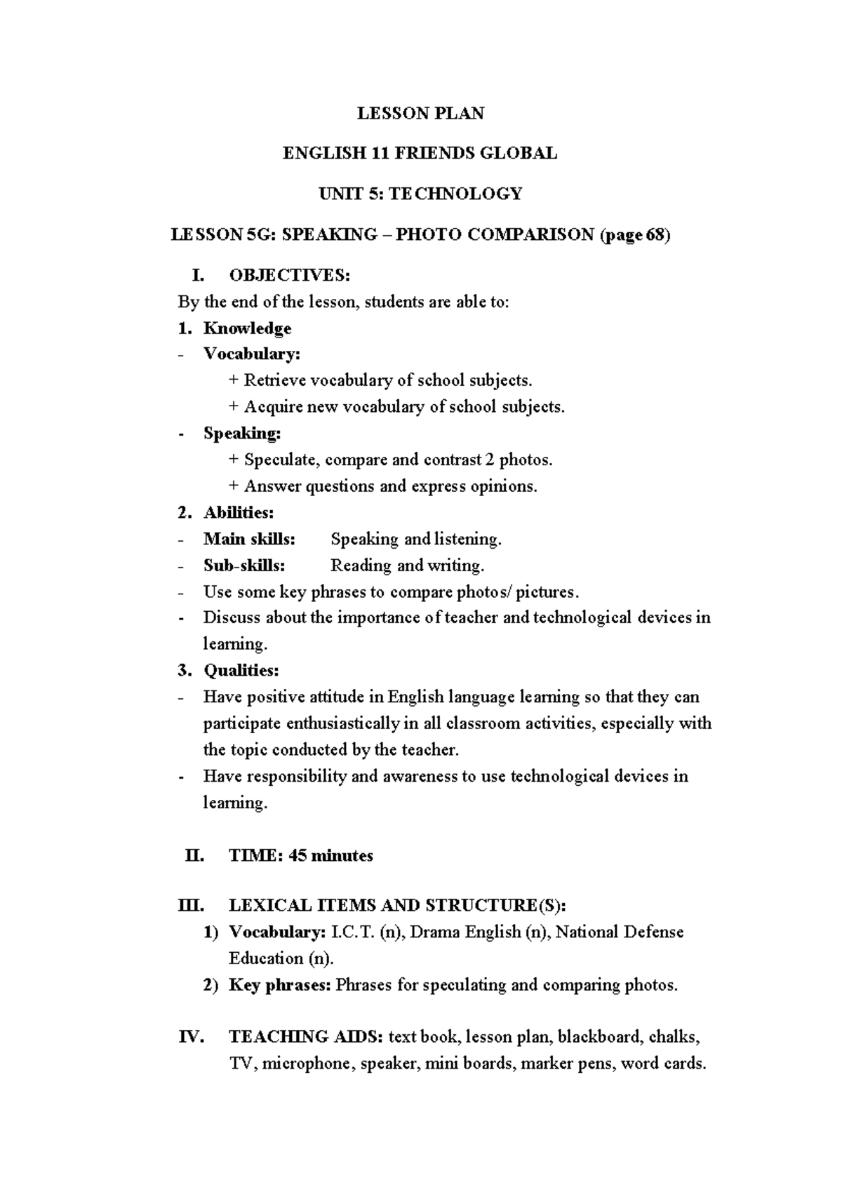 UNIT 5G: Speaking Lesson Plan - Photo Comparison Activities - Studocu
