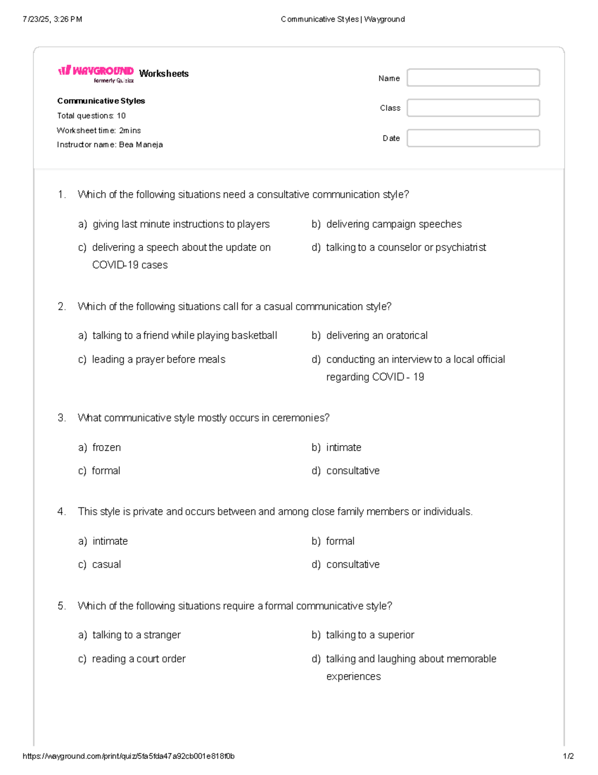 Communicative Styles Worksheet 2: Class 3:26 PM - Studocu