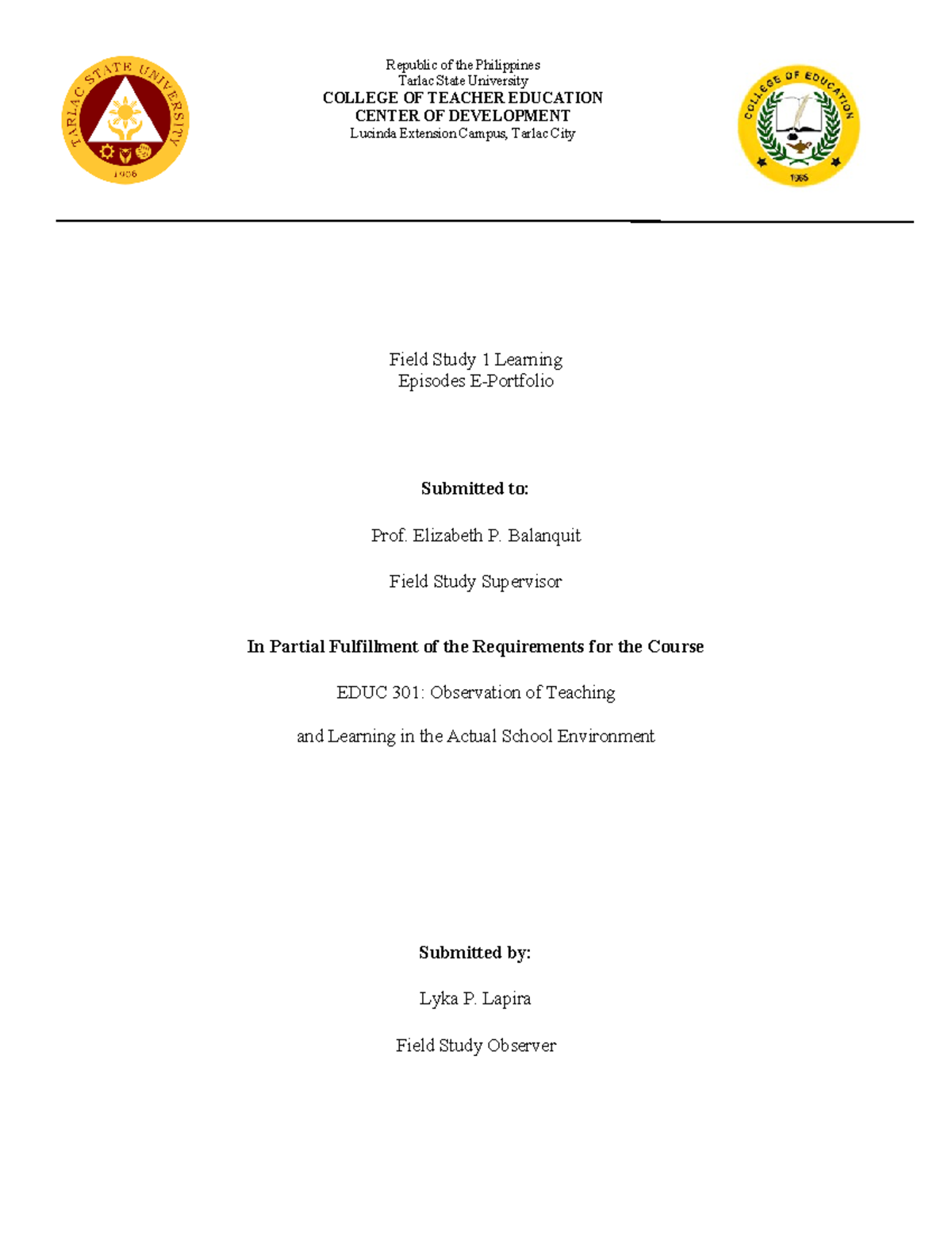 Field Study 1 E-Portfolio - EDUC 301: Teaching Observation Notes - Studocu