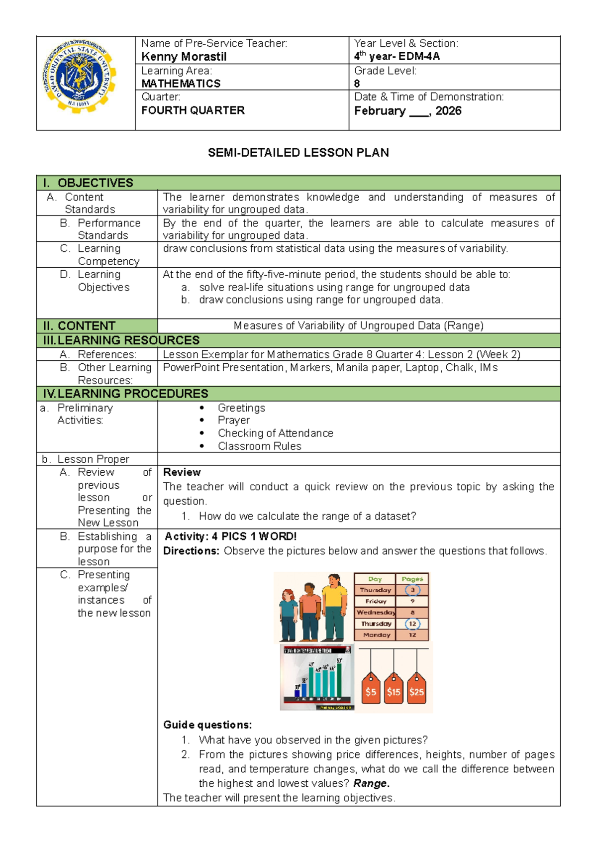 Lesson Plan: Measures of Variability for Ungrouped Data (Grade 8, Q4 ...