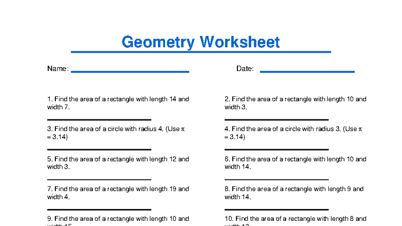 Geometry Worksheet 1: Area Calculations for Rectangles & Circles - Studocu