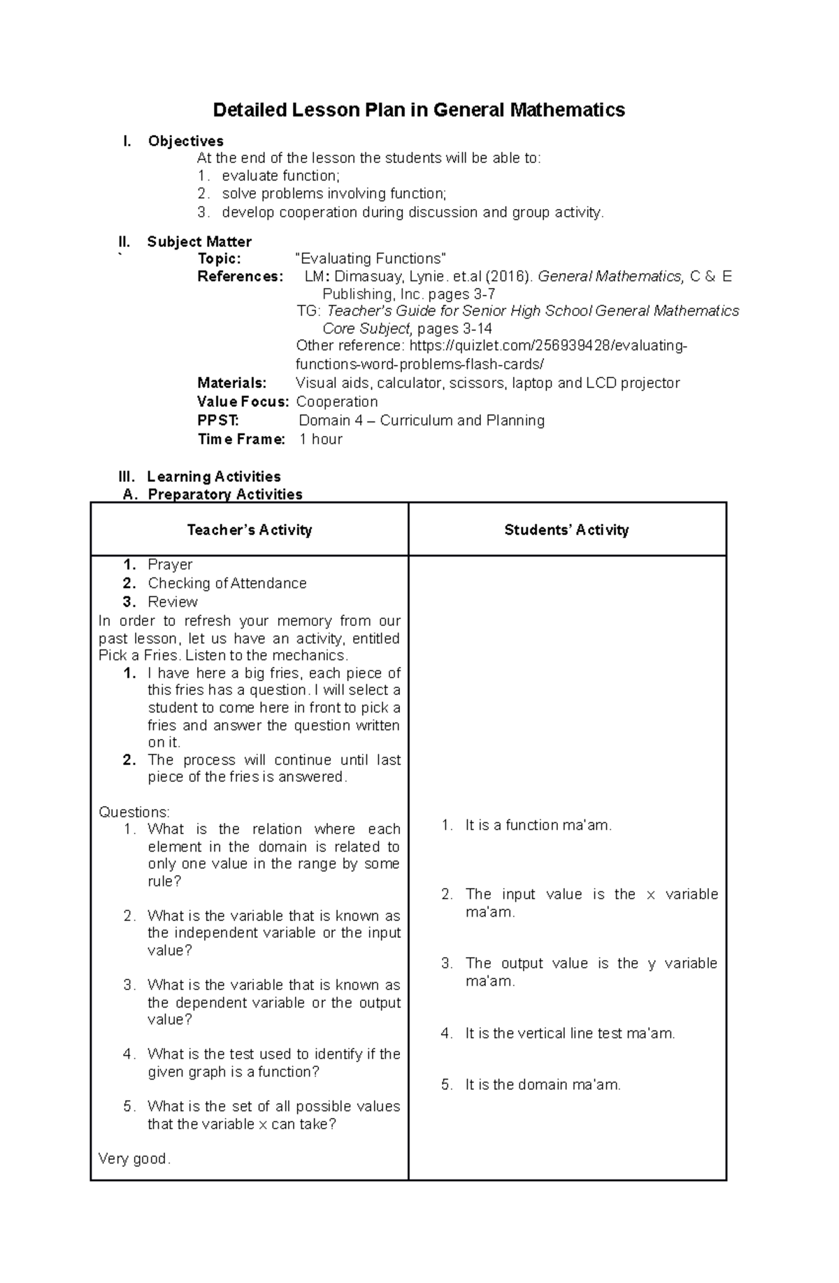 504869268 Lesson Plan: Evaluating Functions in General Mathematics 1 ...