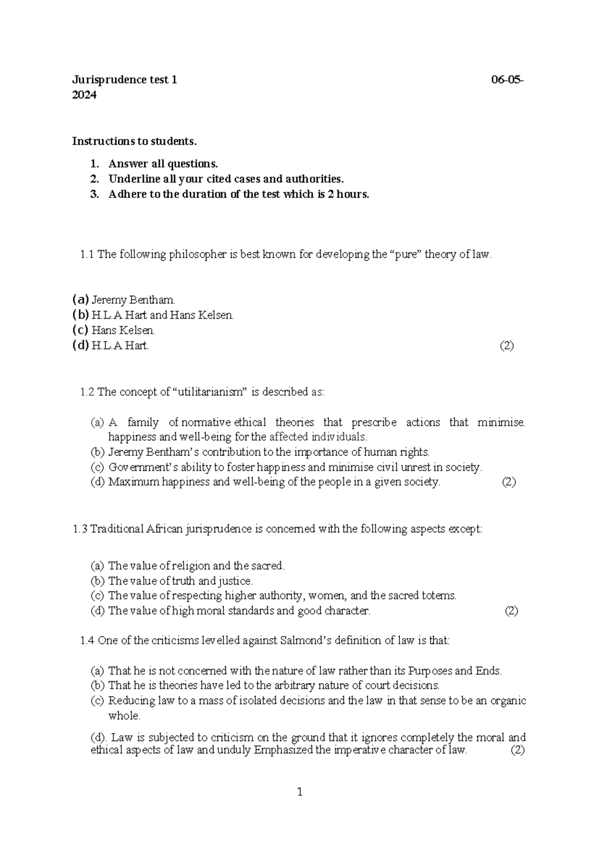Jurisprudence Test 1 - May 2024: Key Concepts and Theories - Studocu