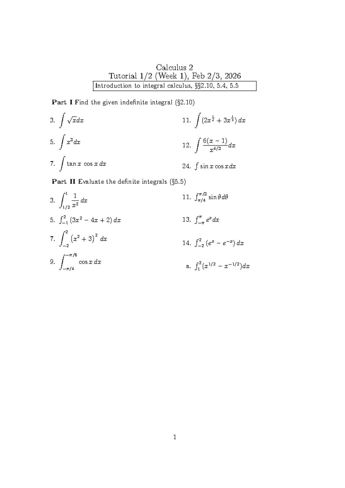 Calculus 2 (2026) Tutorial 1/2: Integration Techniques - Studeersnel