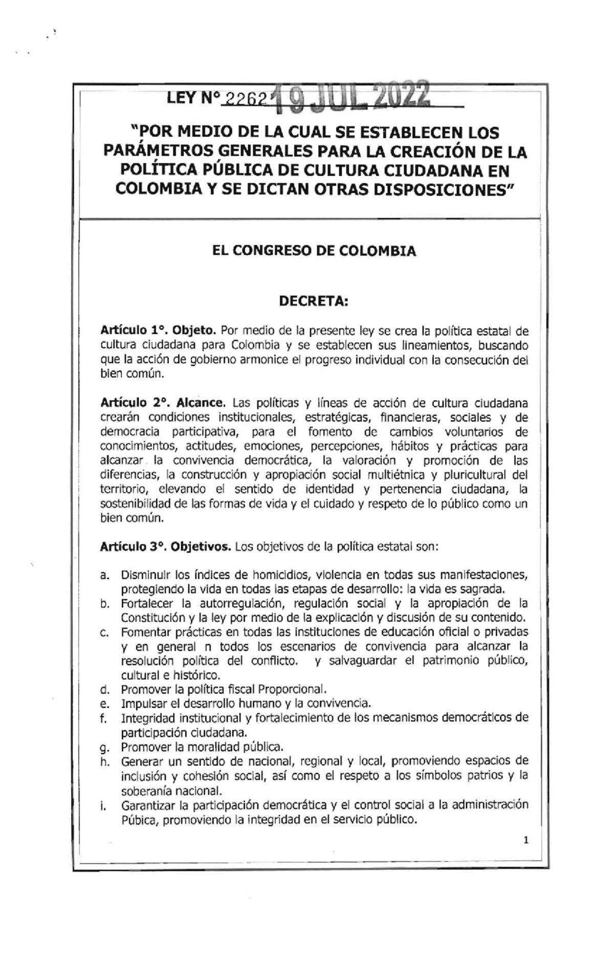 Ley 2262 de 2022: Creación de la Política Pública de Cultura Ciudadana ...