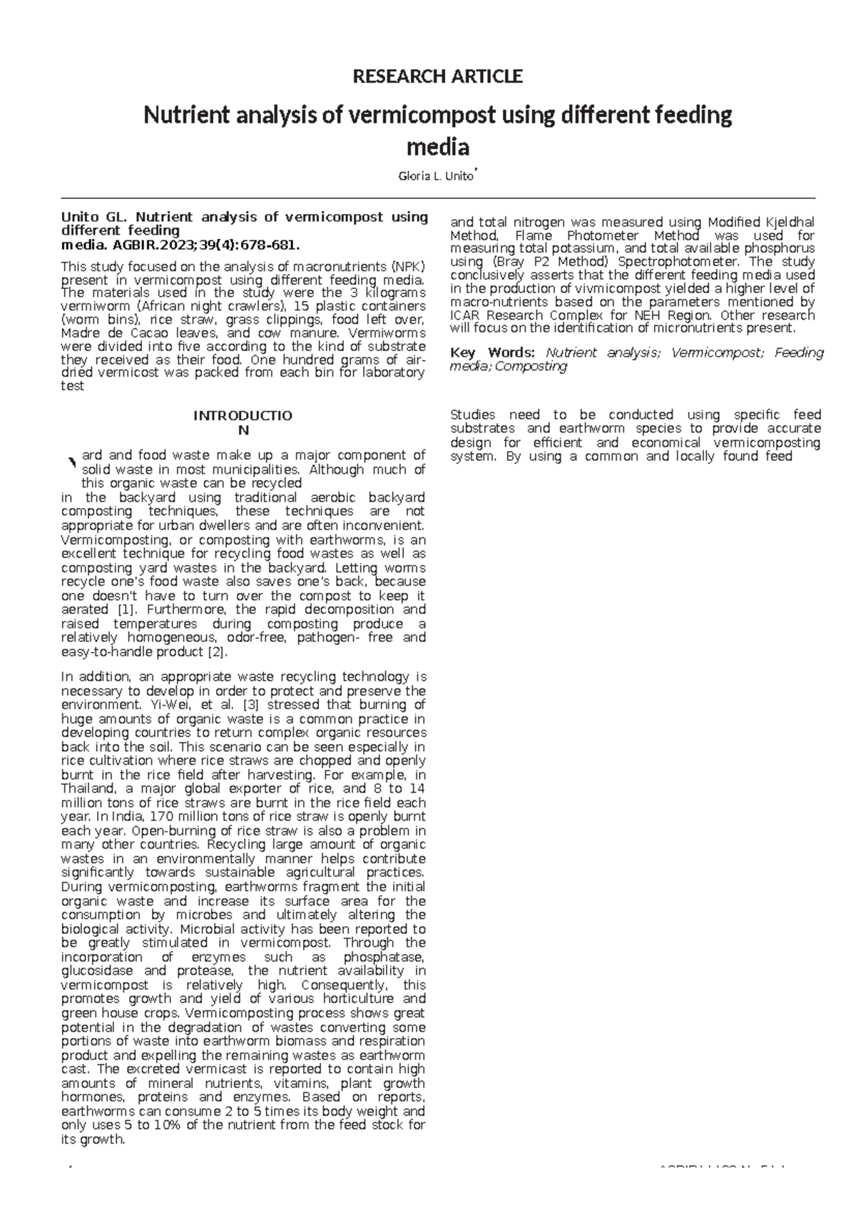 Nutrient Analysis of Vermicompost (AGBIR Vol.39 No.5) - Studocu