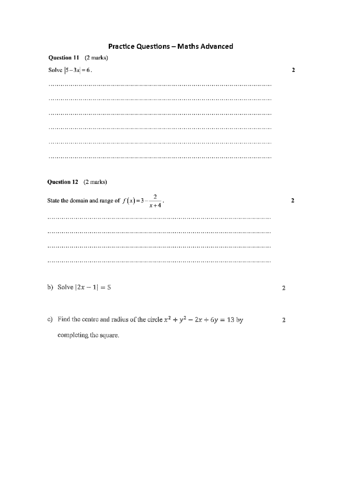 11 AST1 Maths Advanced Functions Practice Questions - Studocu