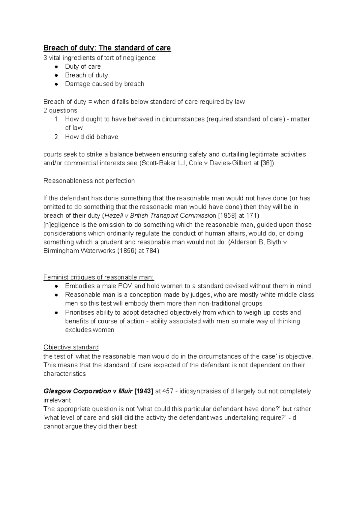 Breach of duty The standard of care - How d ought to have behaved in ...
