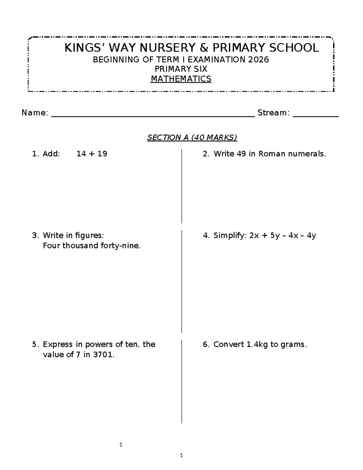 P.6 MTC BOT I 2026 - Primary Six Term I Math Exam - Studocu