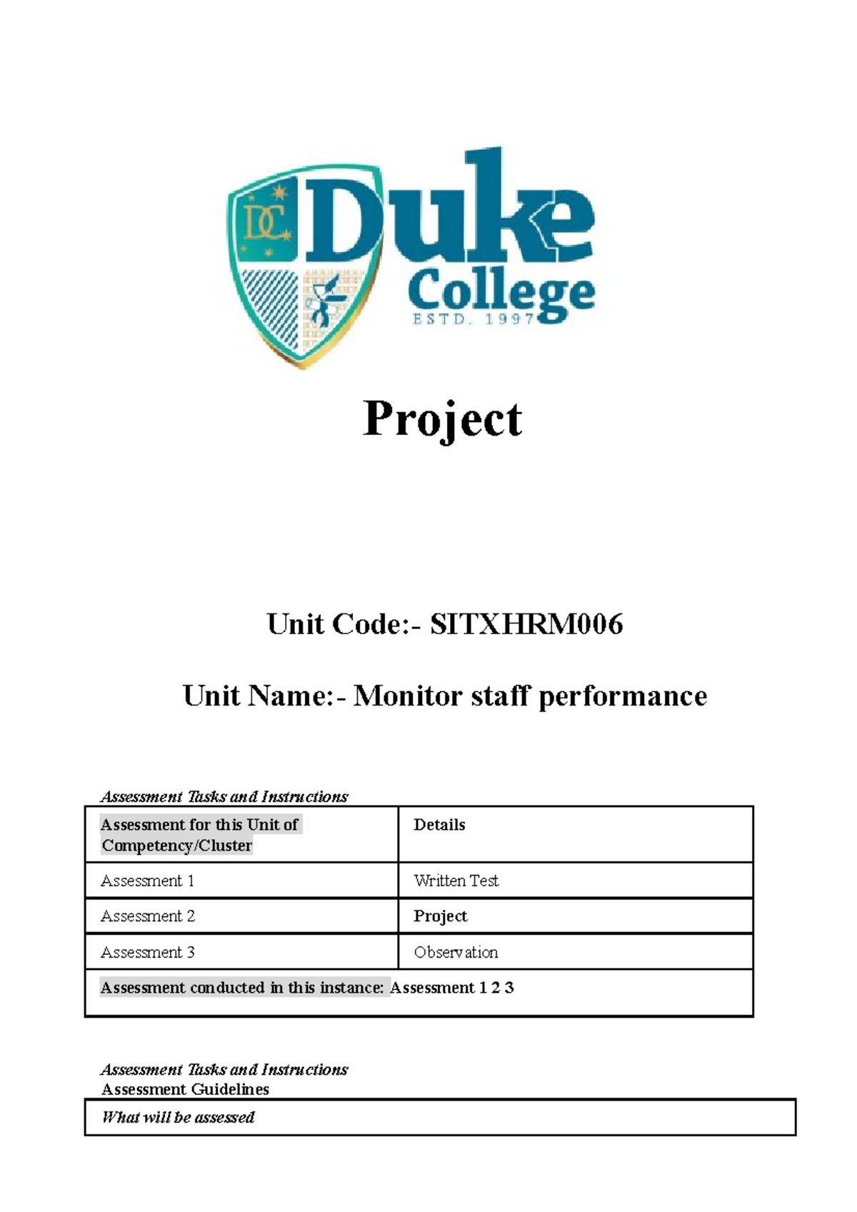 SITXHRM 006 Monitoring Staff Performance: Project Documentation Guide ...