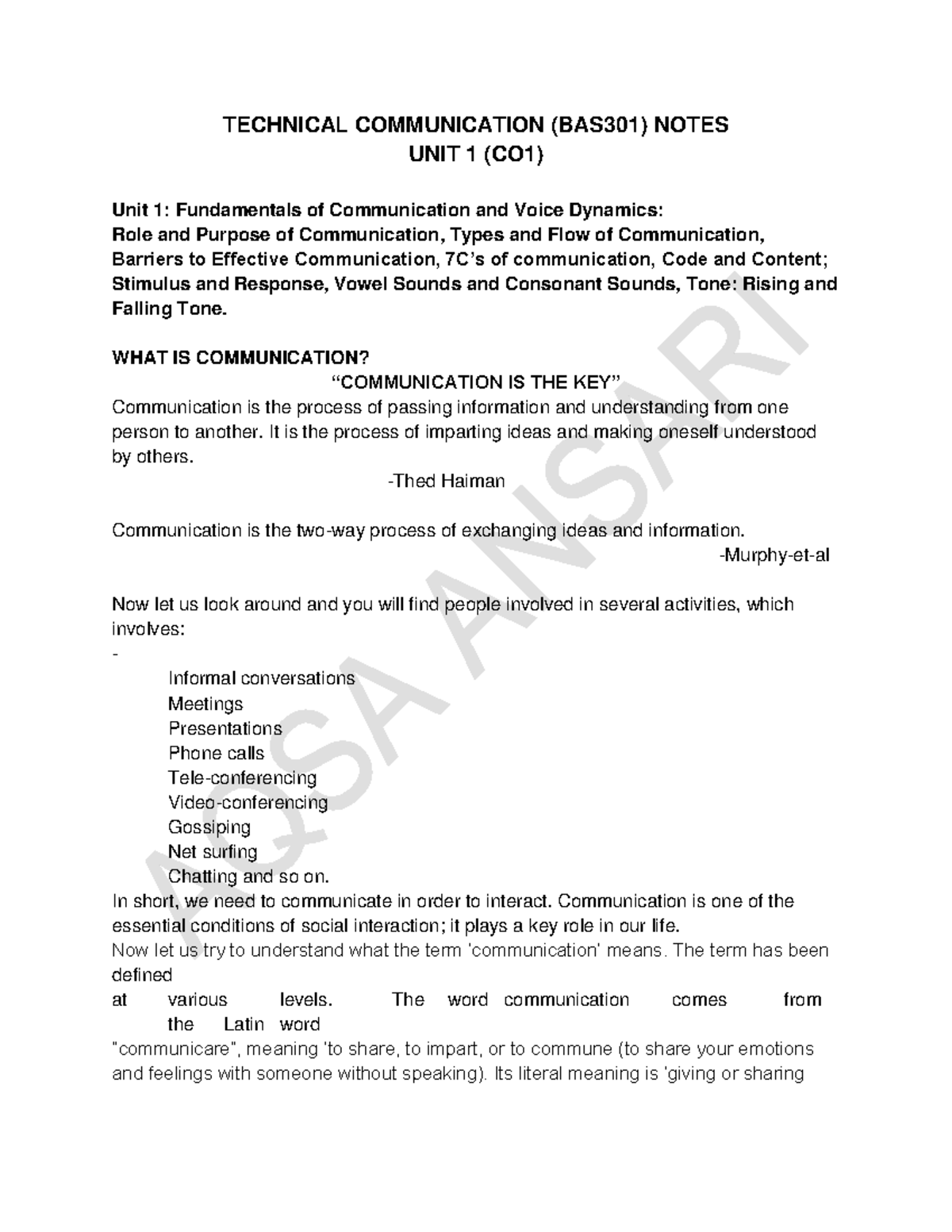 BAS301 Unit 1: Fundamentals of Communication & Voice Dynamics - Studocu