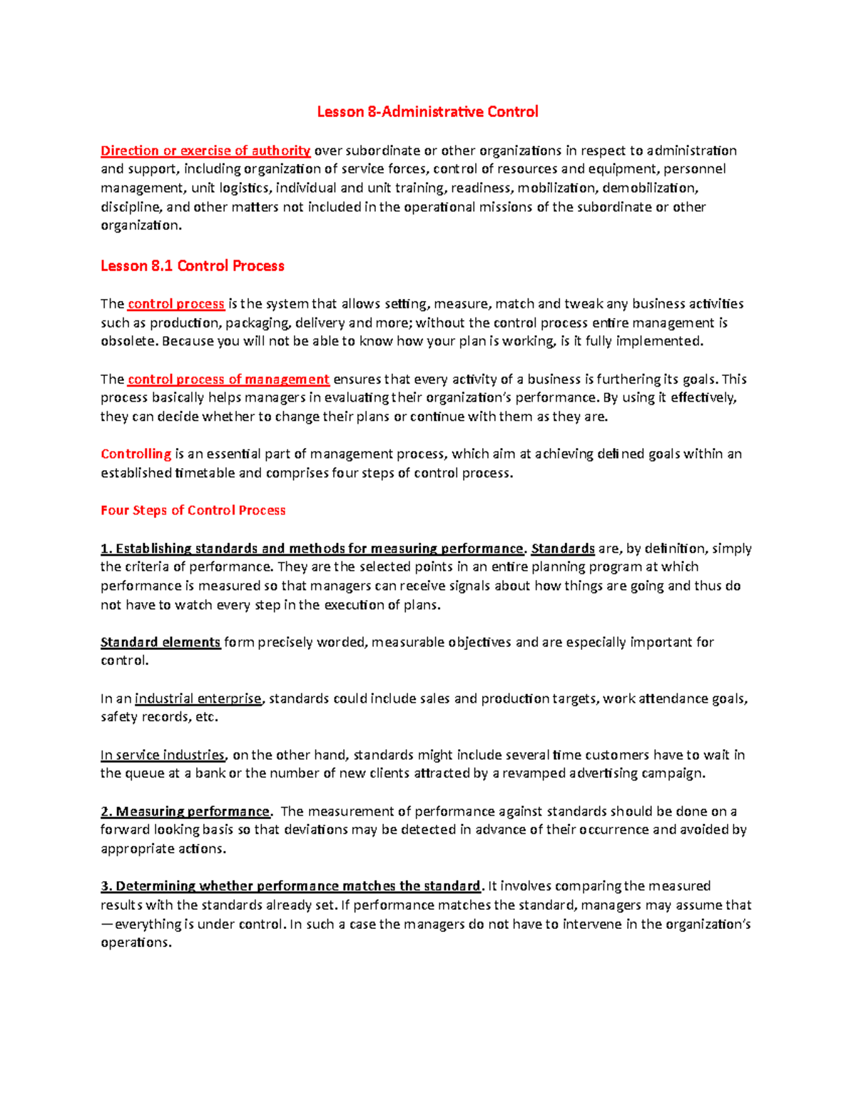 Lesson 8: Administrative Control and the Control Process - Studocu