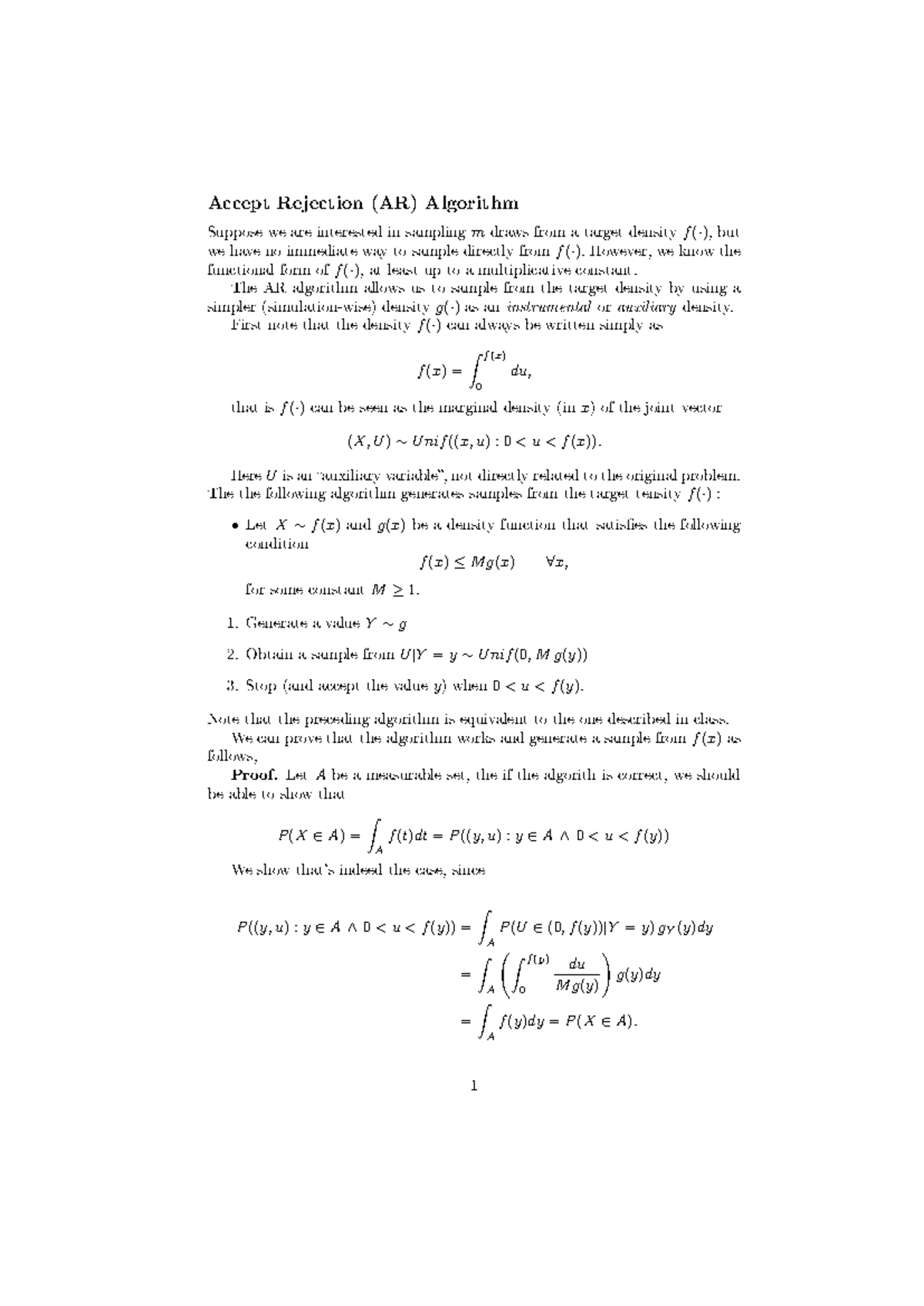 Lecture 6 addendum - notes - Accept Rejection (AR) Algorithm Suppose we ...