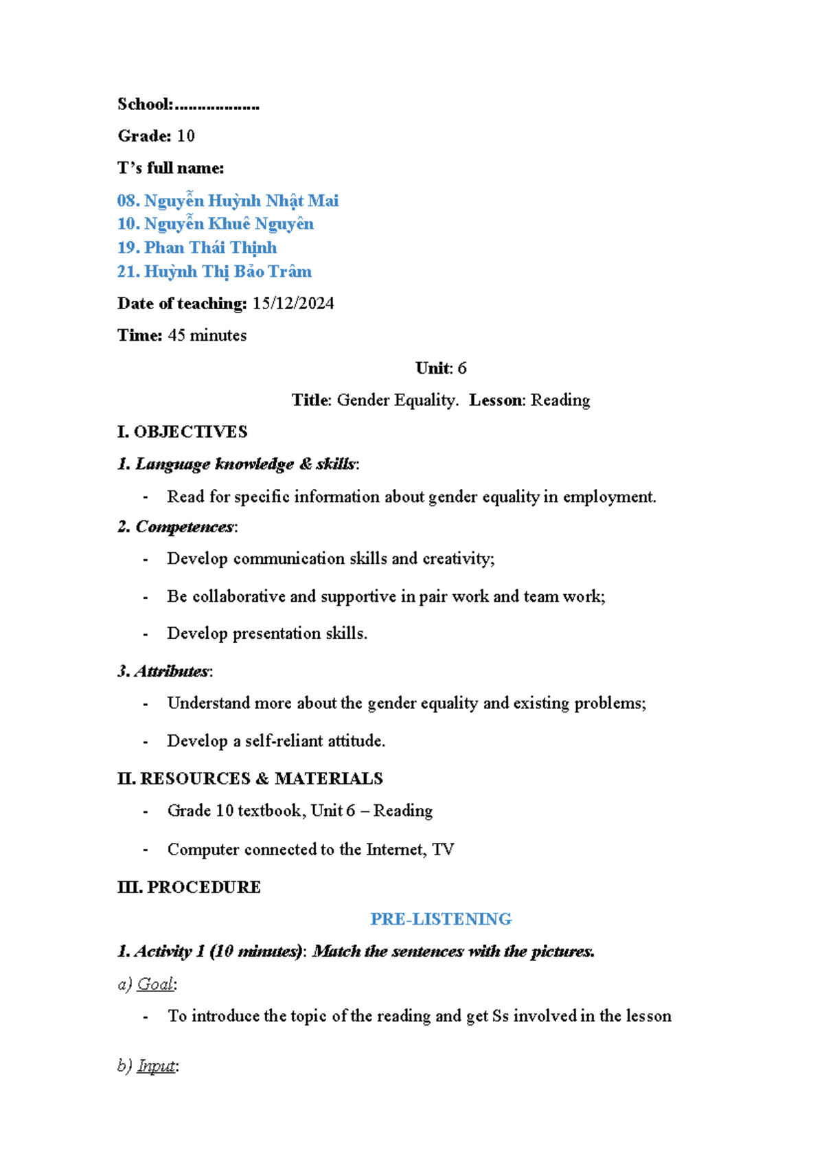 Grade 10 Unit 6 Reading Lesson Plan: Gender Equality Focus - Studocu