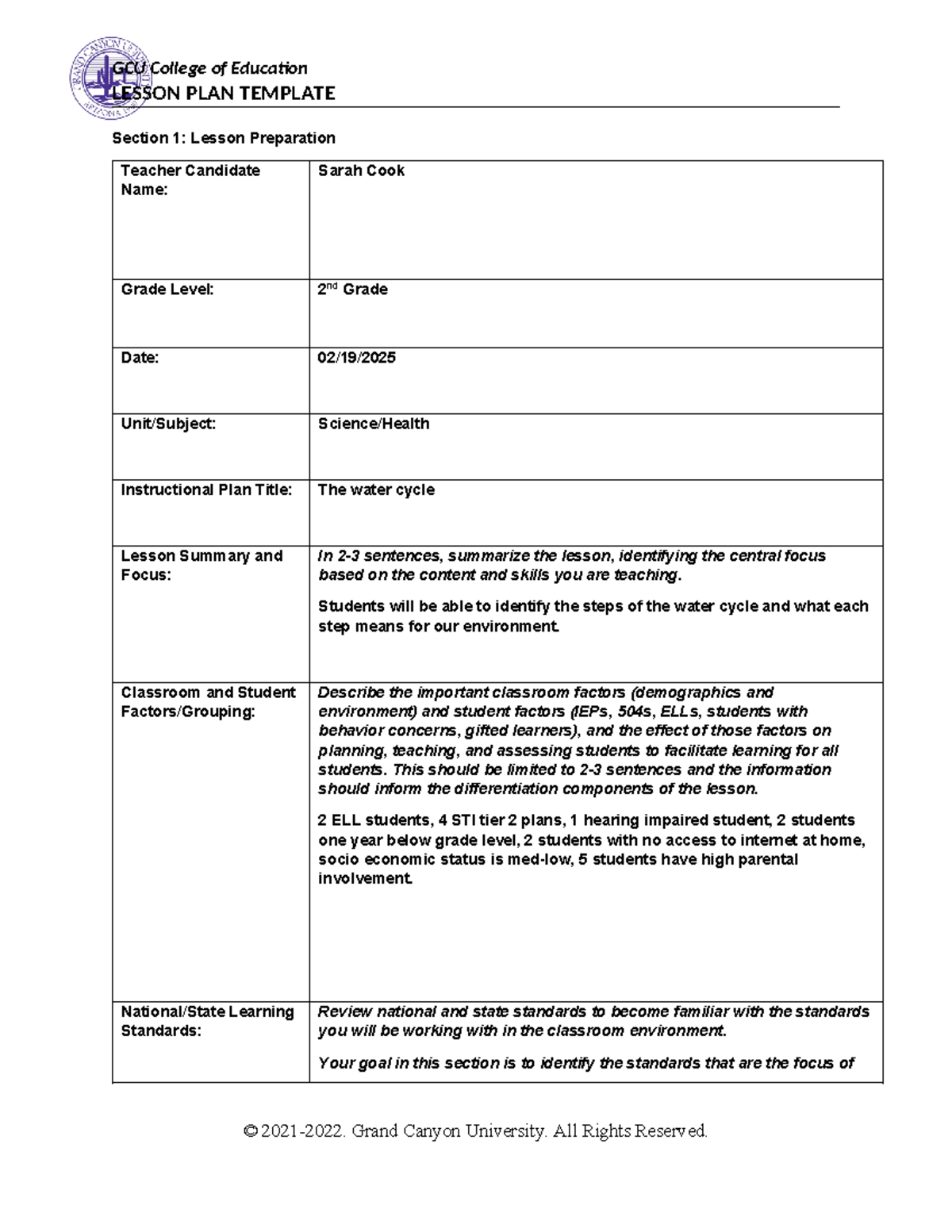 Science lesson plan - LESSON PLAN TEMPLATE Section 1: Lesson ...