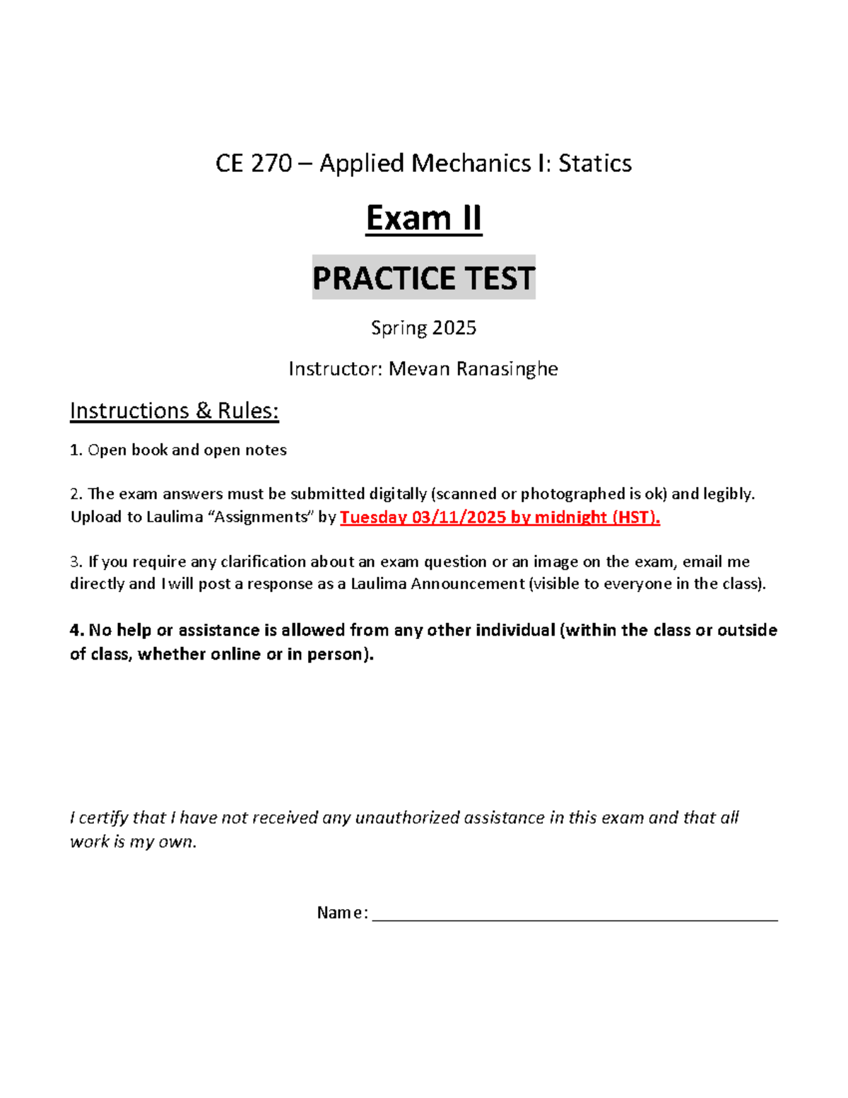 CE 270 Applied Mechanics I: Statics Exam II Practice Test Spring 2025 ...