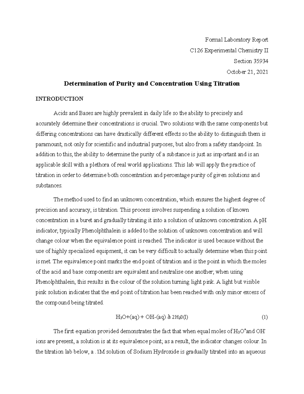 Determining Purity and Concentration via Titration - C126 Lab Report ...