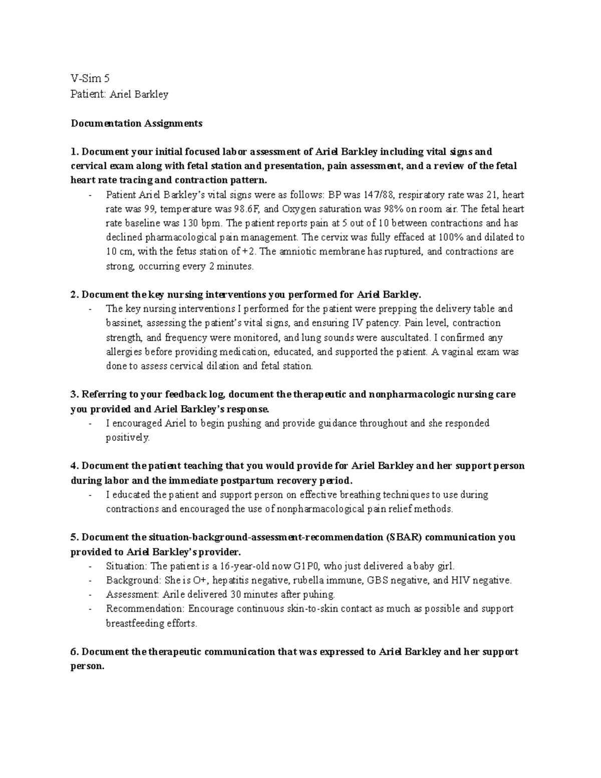 Vsim Documentation for Patient Ariel Barkley: Labor & Delivery ...