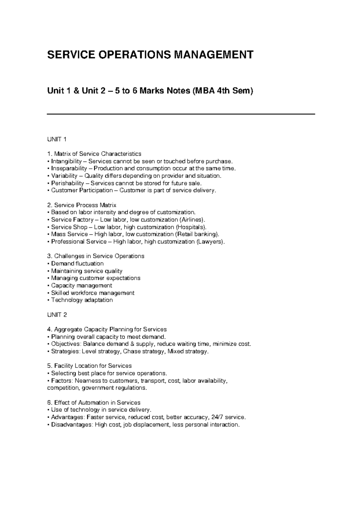 Service Operations Management Notes (MBA 4th Sem) - Units 1 & 2 - Studocu