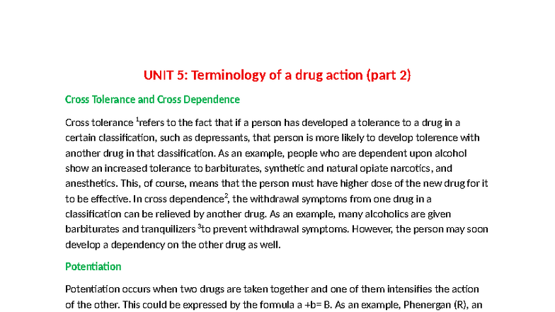UNIT 5: Drug Action Terminology - Cross Tolerance & Dependence - Studocu