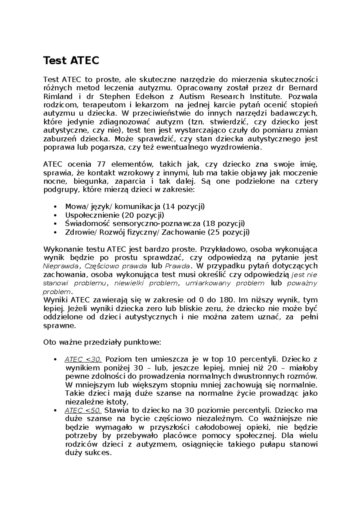 ATEC Test - Narzędzie Oceny Skuteczności Leczenia Autyzmu - Studocu