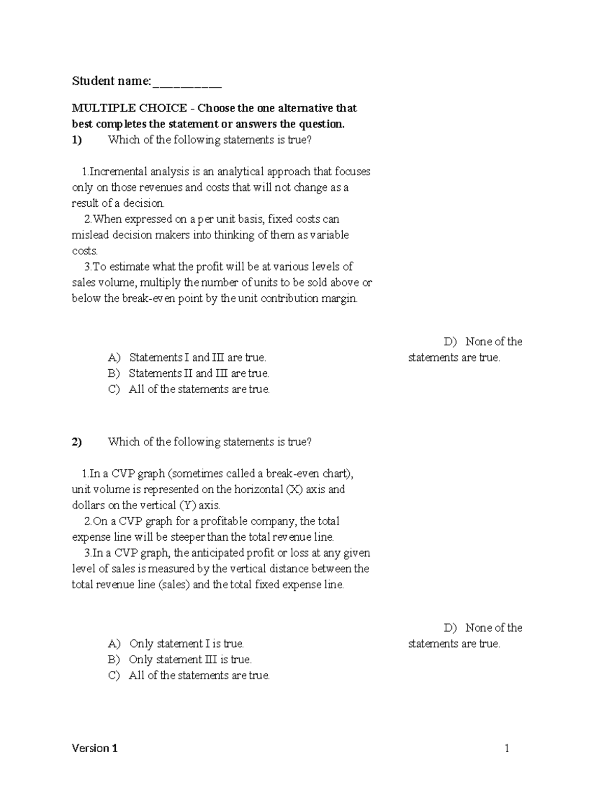 Test Bank for ACC 101: Multiple Choice Questions on CVP Analysis ...