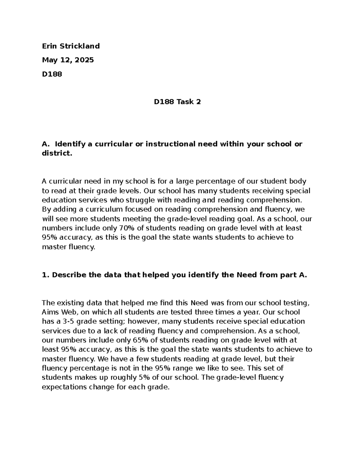 D188 Task 2: Addressing Reading Comprehension Needs in Education - Studocu