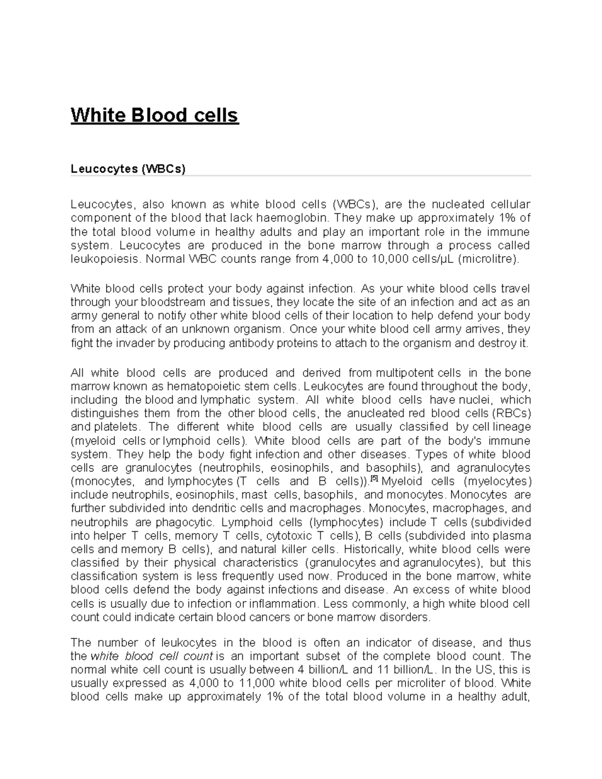 White Blood Cells (WBCs) Physiology Notes: Functions & Types - Studocu