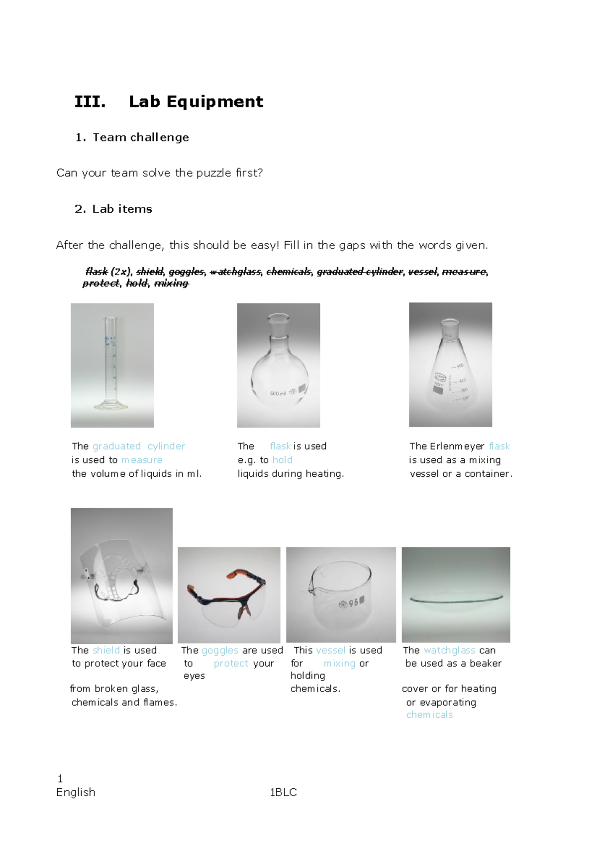 Lab Equipment Overview - Ingevulde opdracht van de les 1BLC - Studocu