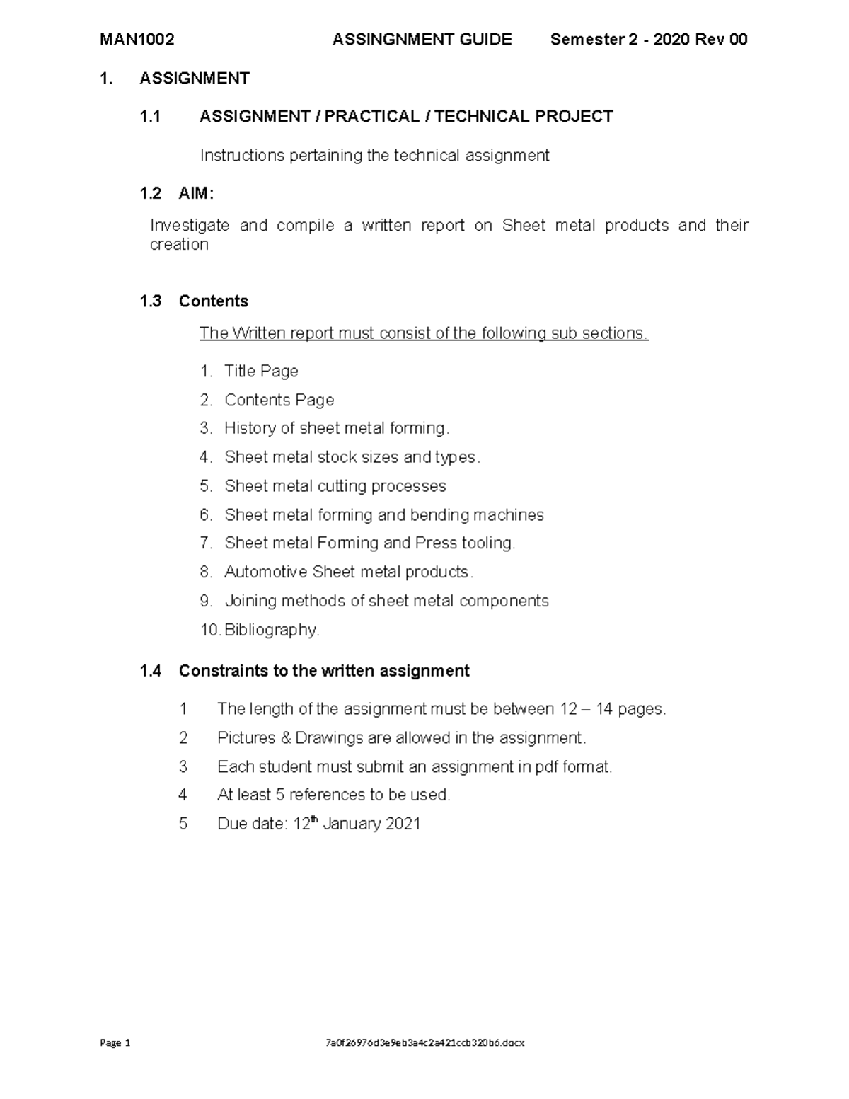 MAN1002 Semester 2 2020 Assignment Guide: Sheet Metal Project - Studocu