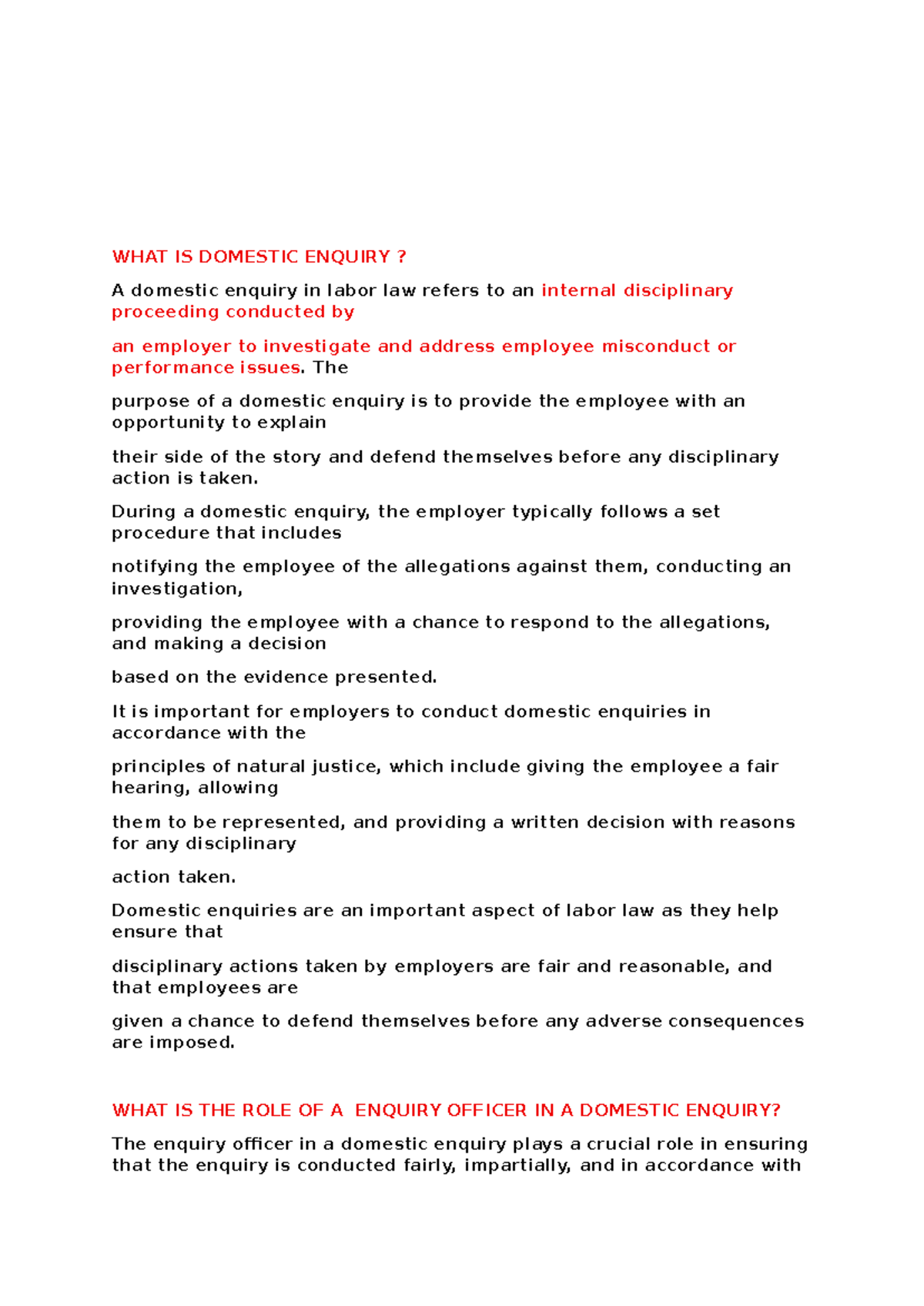 Domestic Enquiry: Understanding Roles & Procedures in Labor Law - Studocu