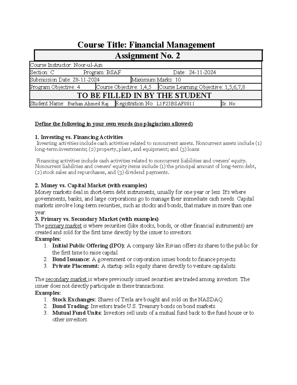 BSAF Financial Management Assignment No. 2: Key Concepts Explained ...