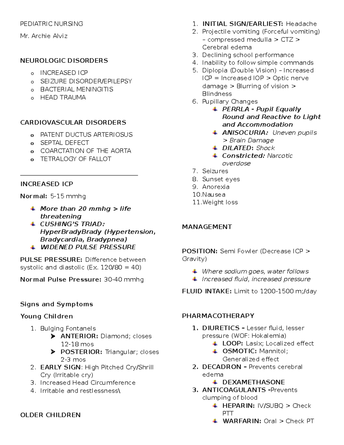 PEDIA 101: Neurologic & Cardiovascular Disorders Overview - Studocu