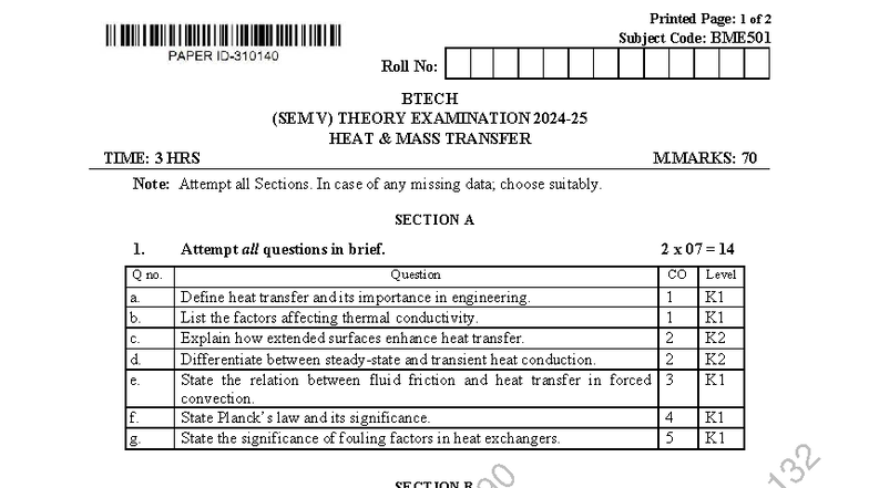 BME501 Heat and Mass Transfer Theory Exam Notes - Studocu