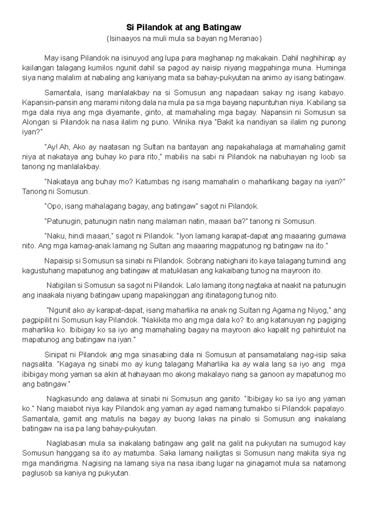 SI Pilandok at ang Batingaw: Isang Kuwento ng Yaman at Pagsubok - Studocu