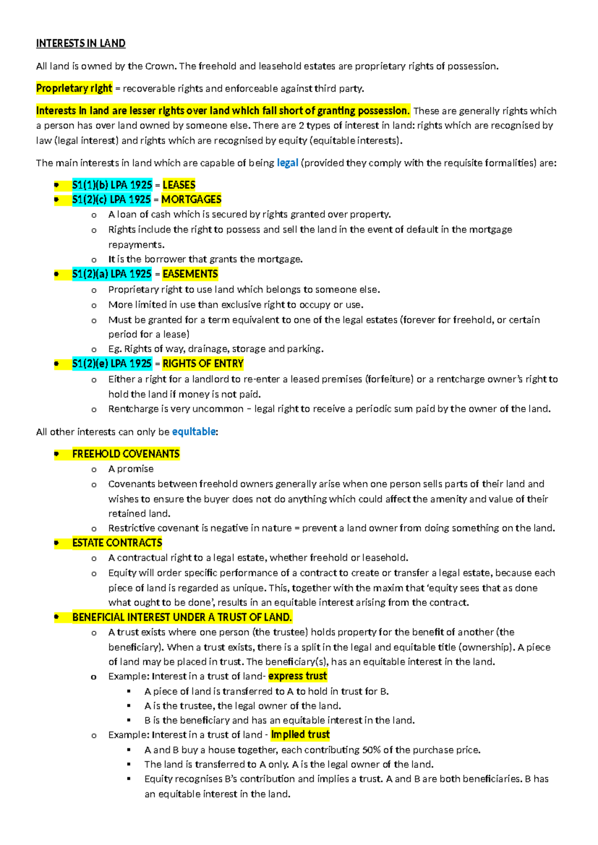 2. LAND - Summary of Legal and Equitable Interests in Land Law - Studocu