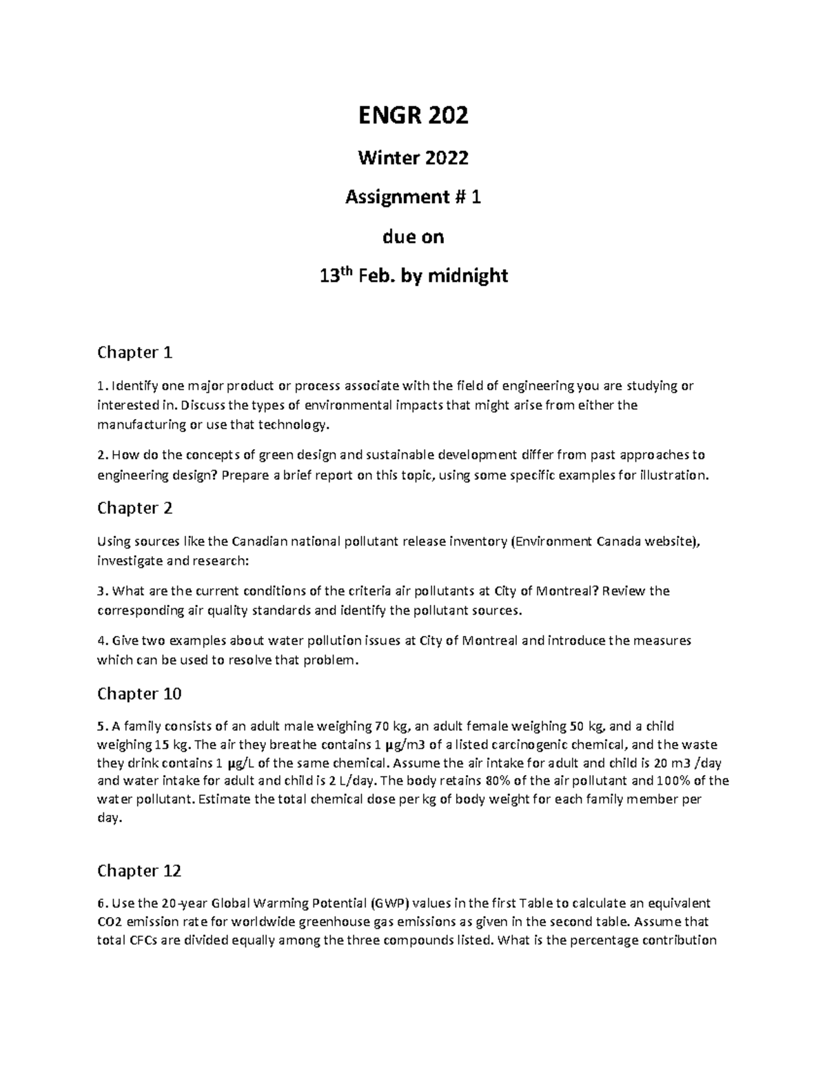 Engr 202 Assignment 1 - ENGR 202 Winter 2022 Assignment # 1 due on 13 ...