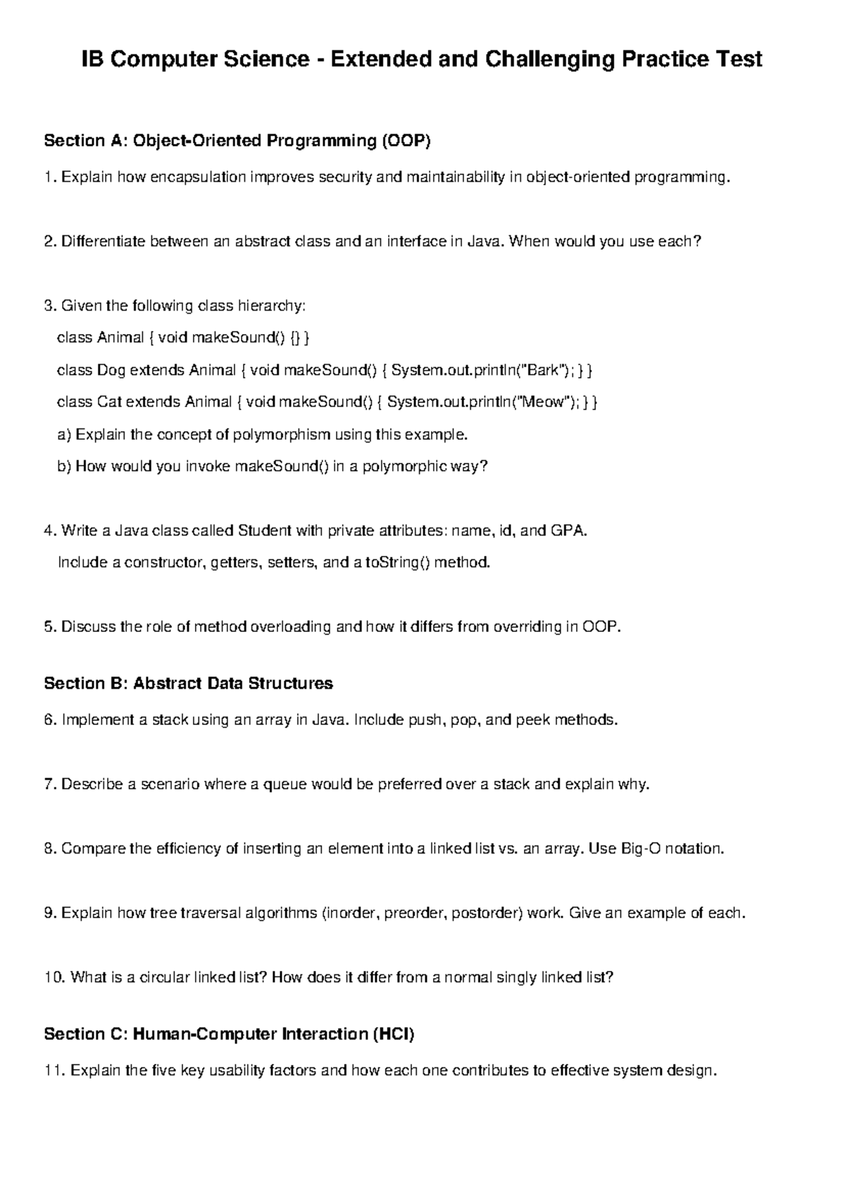 IB Computer Science Extended Practice Test: OOP & Data Structures - Studocu