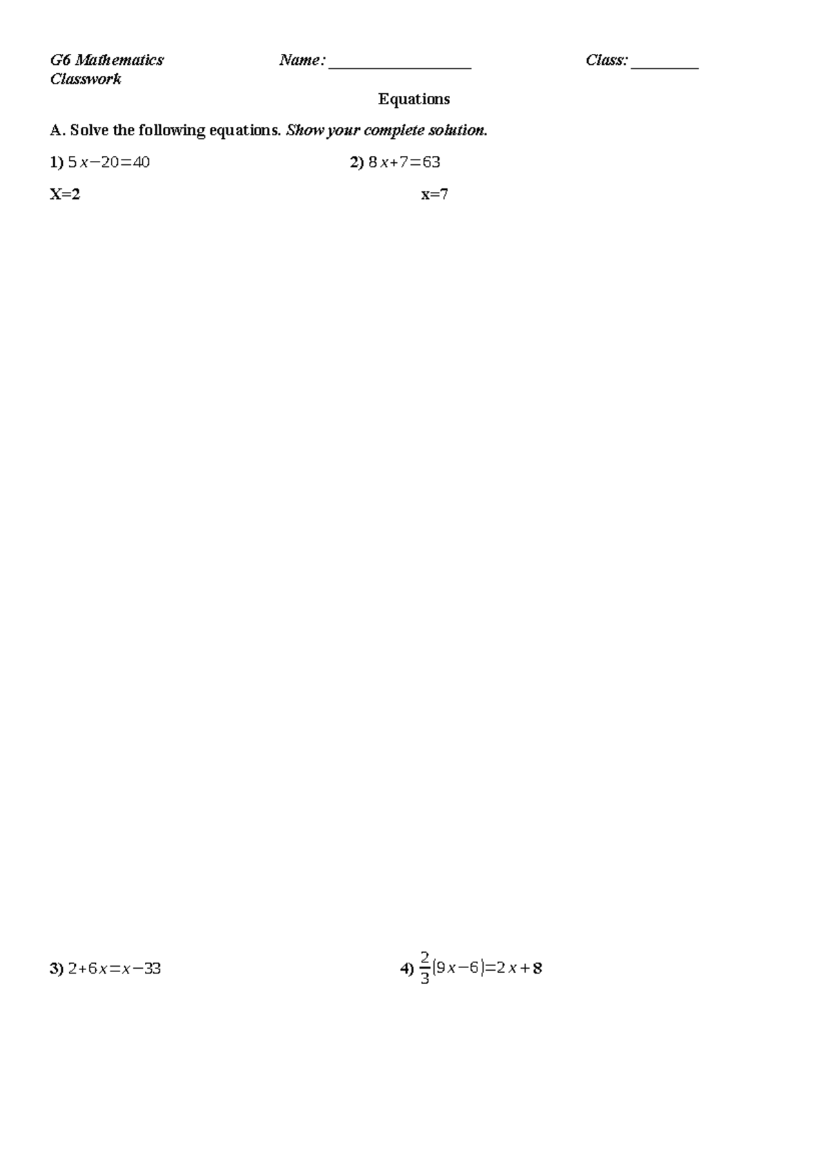 [15.02] G6 Math Equations & Problem Solving Classwork - English - Studocu
