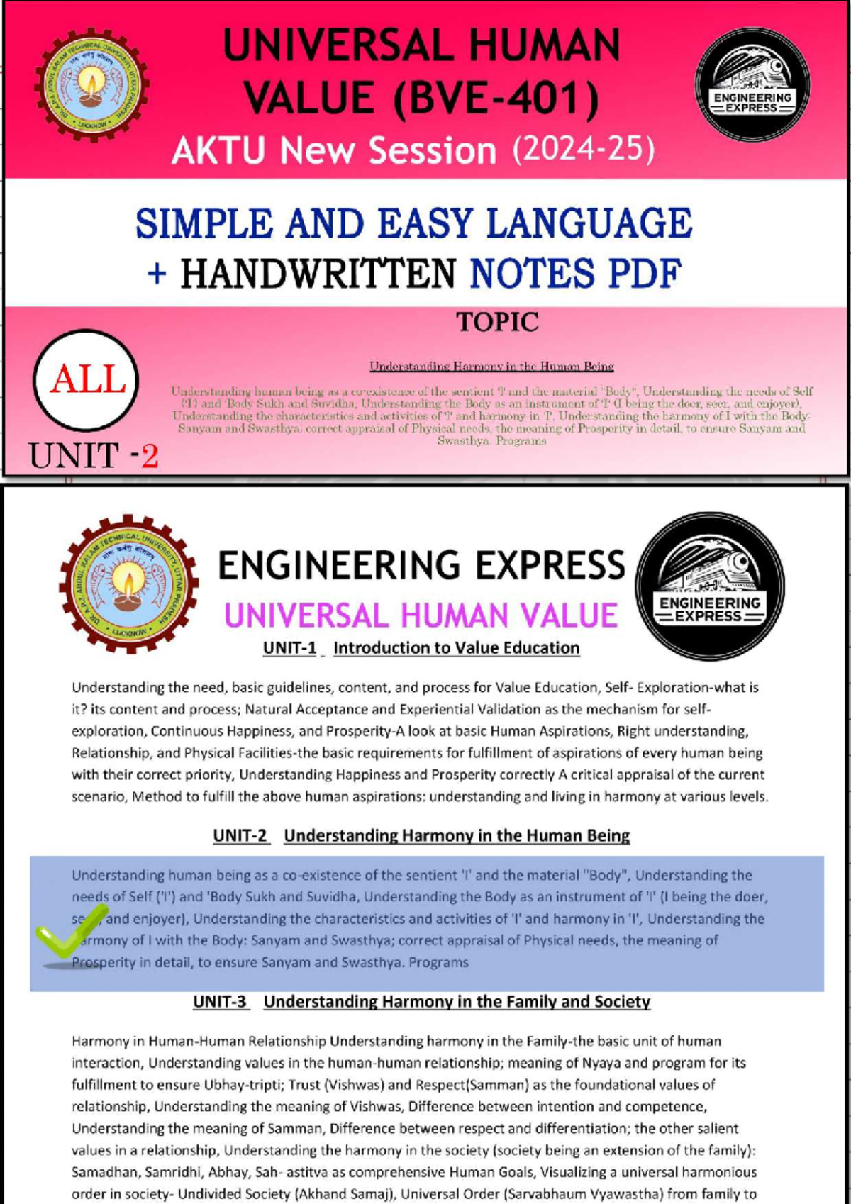 UHV Unit-2: Comprehensive Notes on Human Values and Harmony - Studocu