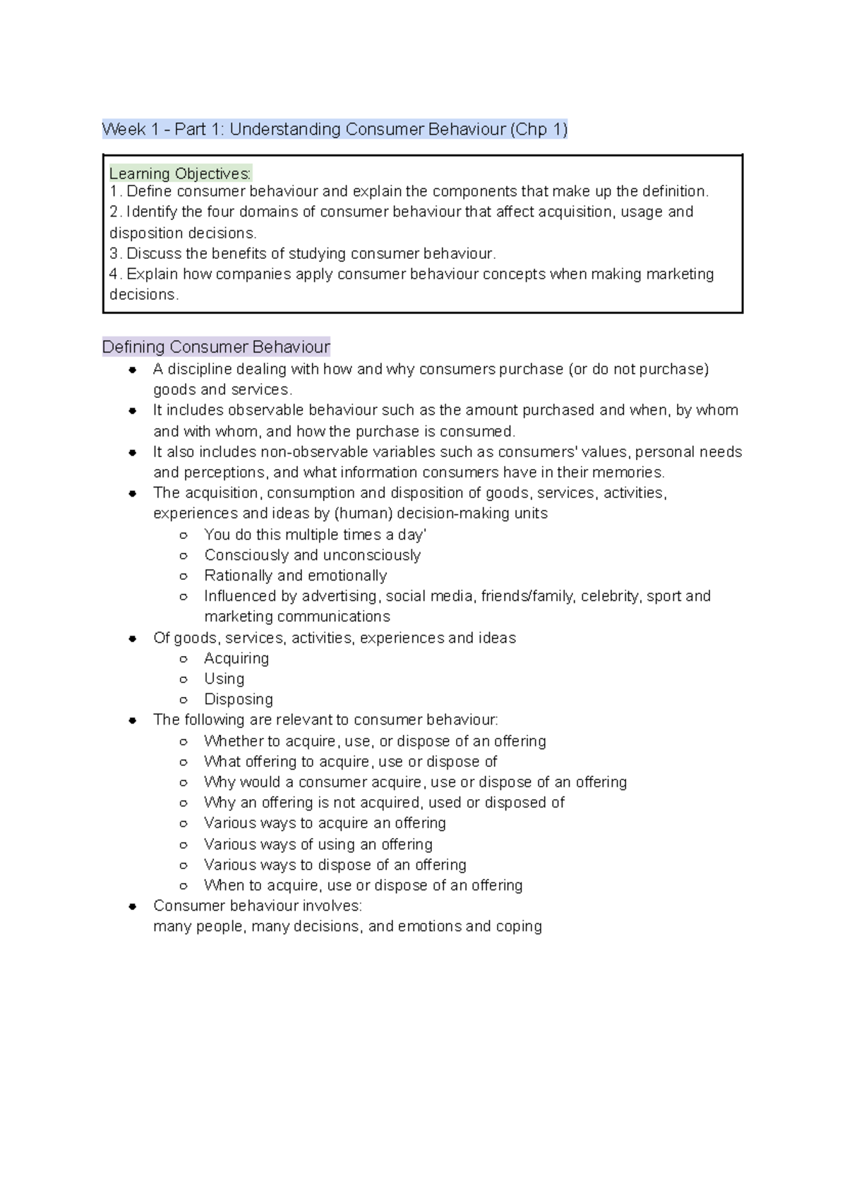 MARK2051 Week 1 & 2 Notes: Understanding Consumer Behaviour ...