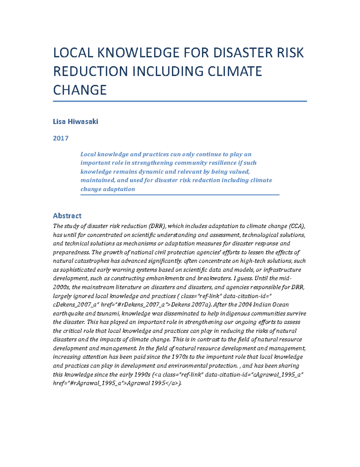 Local Knowledge FOR Disaster RISK Reduction Including Climate Change ...