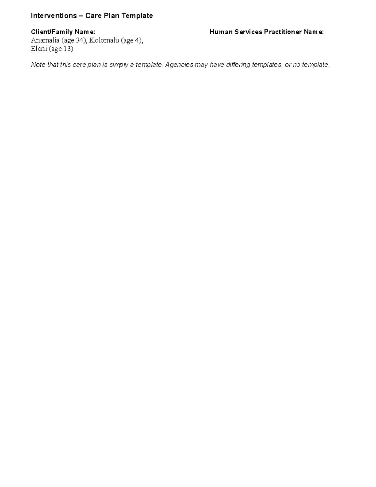 HSE 315 Final Project Client Needs Care Plan Template Guide - Studocu