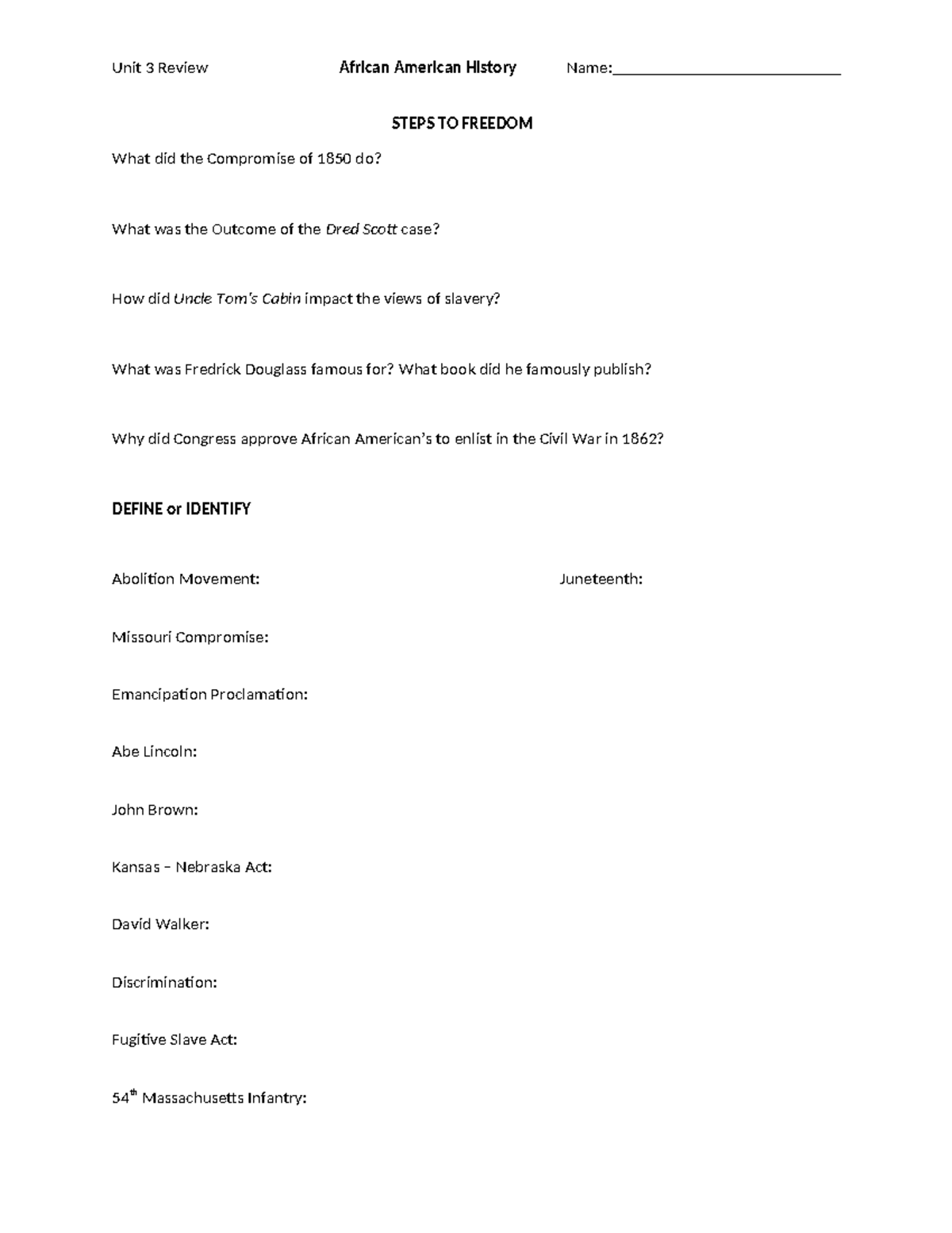 Andrevian Jones - Unit 3 Test Review - Unit 3 Review African American ...