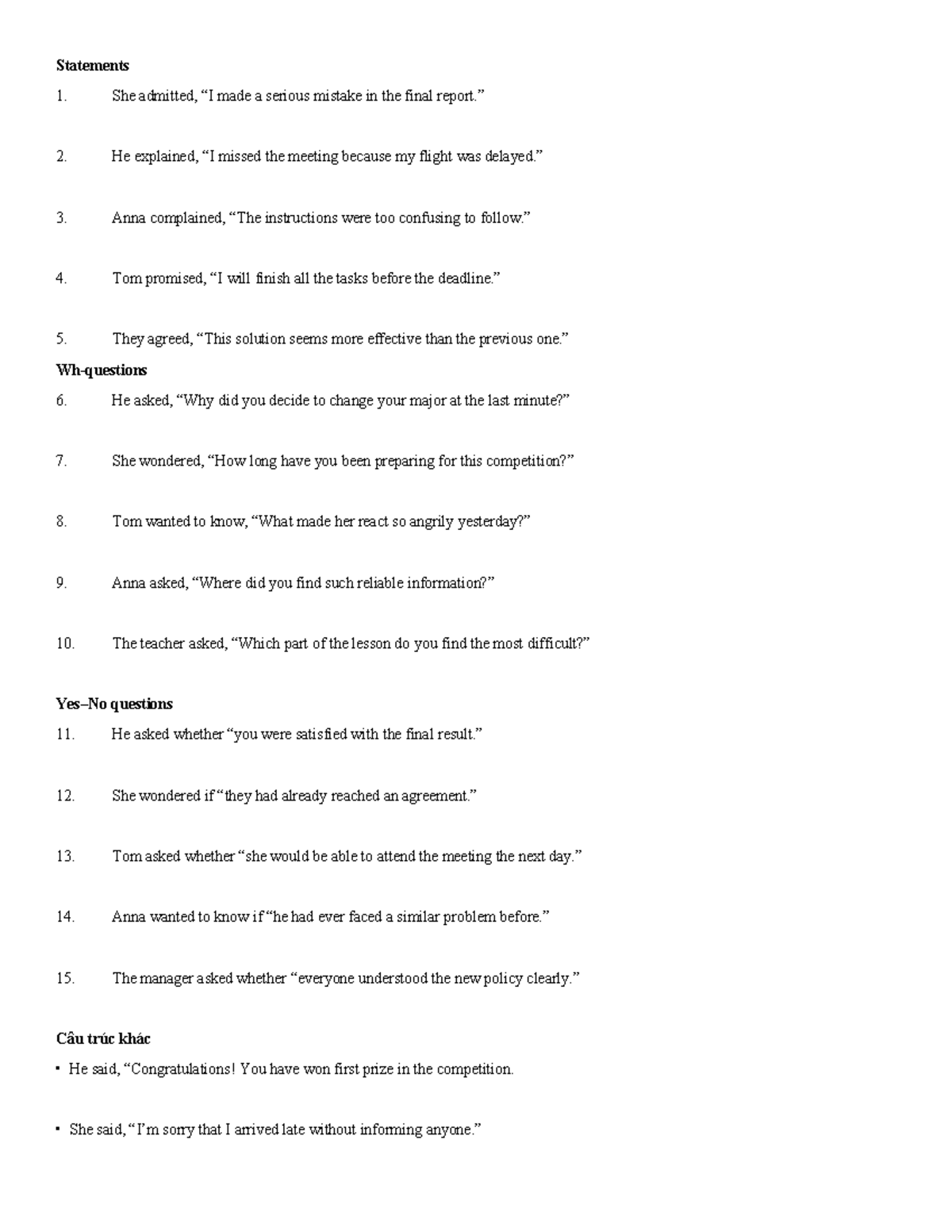 Reported Speech - Statements and Questions (ENG 101) - Studocu