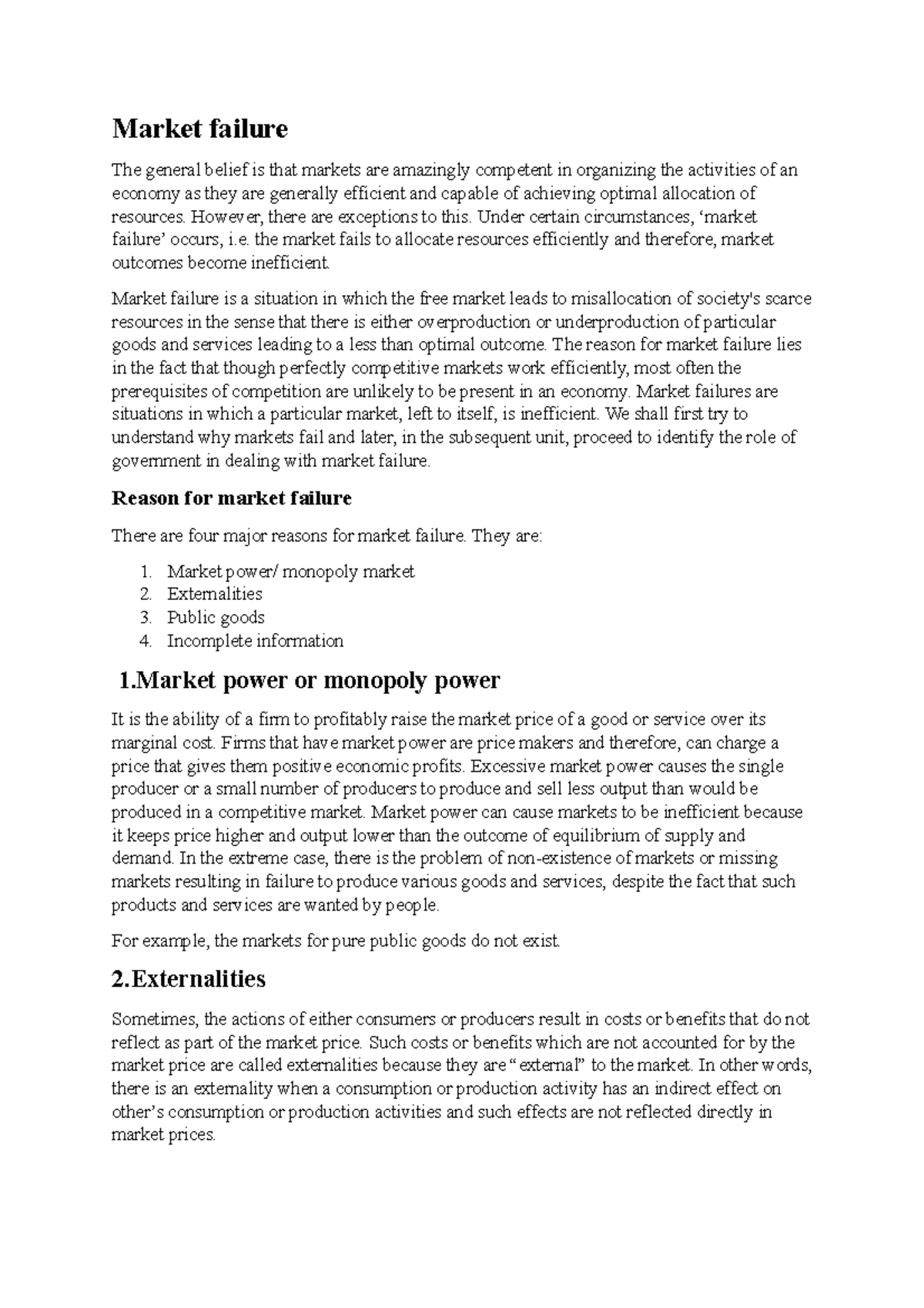Market Failure: Reasons and Implications for Economic Efficiency - Studocu