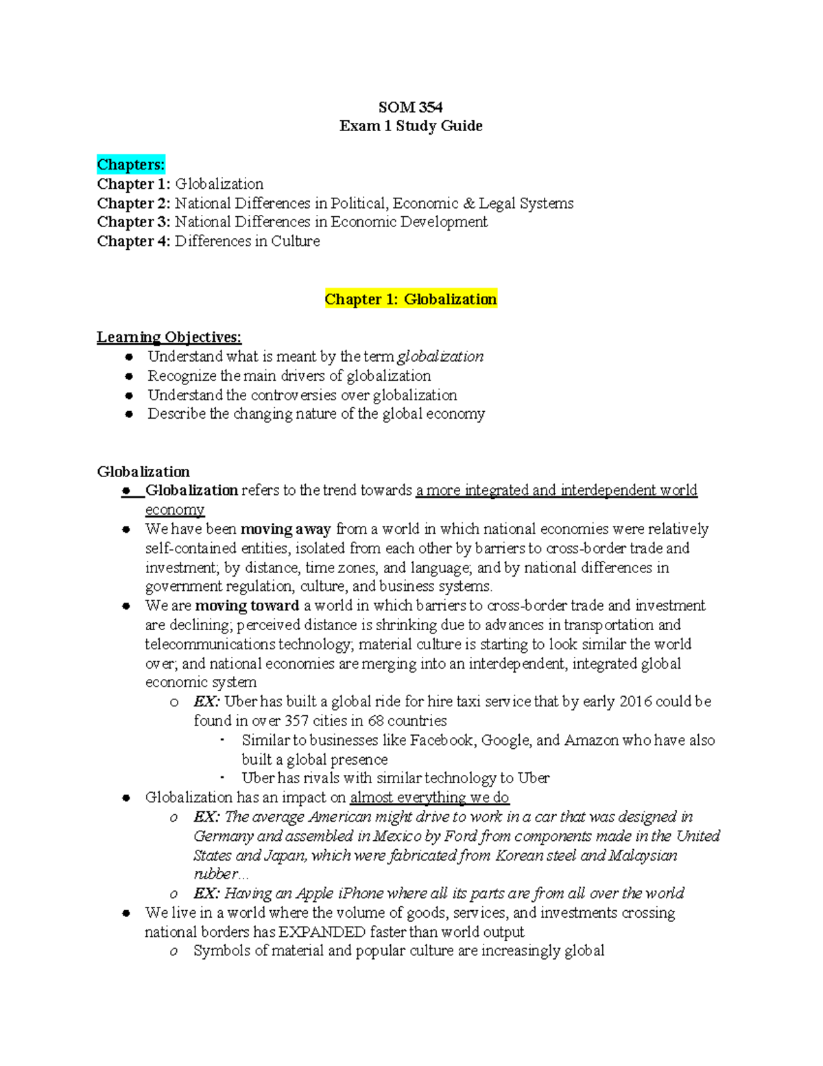SOM 354 Exam 1 Comprehensive Study Guide on Globalization & Economies ...